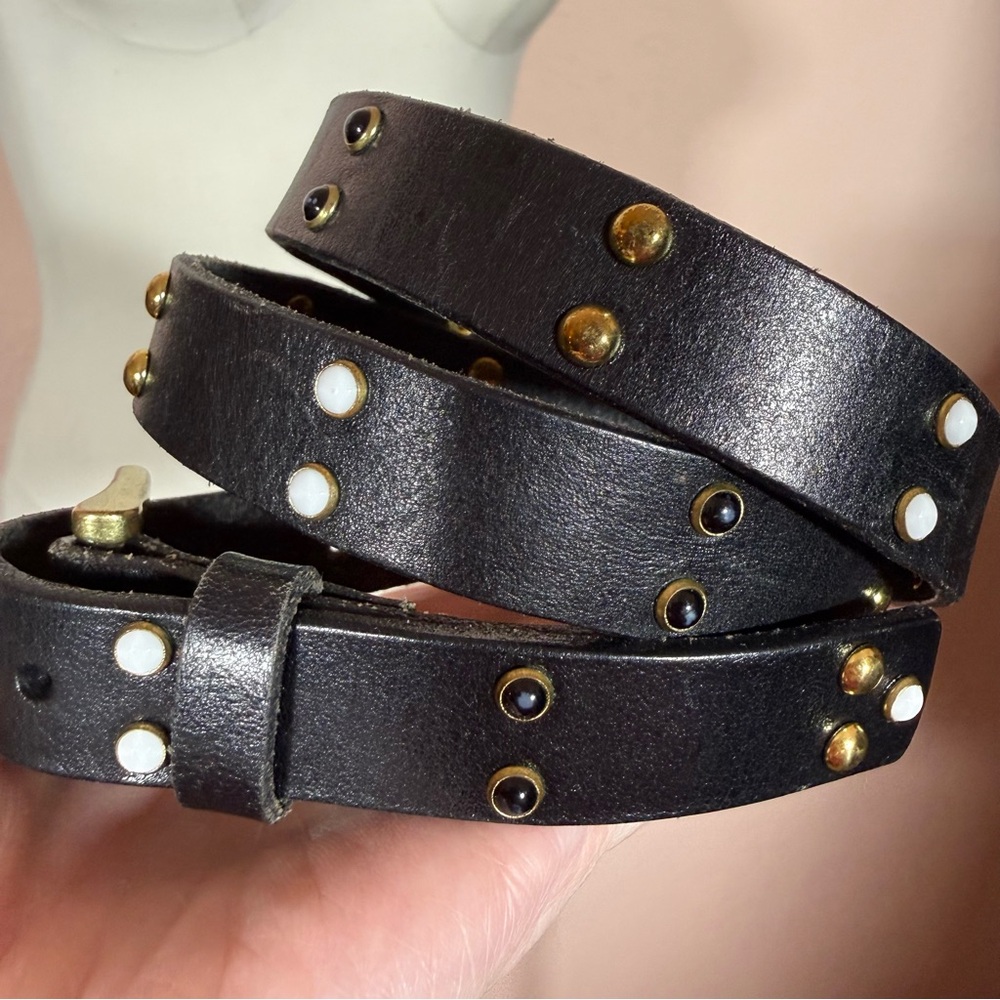 Vintage 90’s J.Crew Black leather steampunk metal studded skinny Belt bikercore